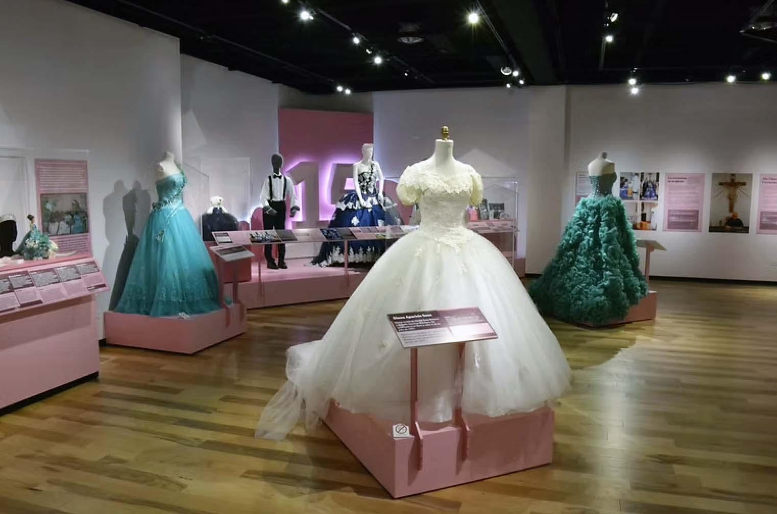 Quinceanera dresses showcased on pedestals